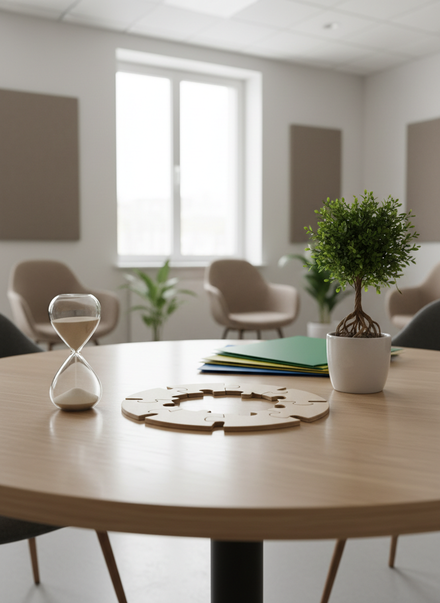 A circular wooden table in a bright, contemporary office is covered with symbolic objects representing social support at work: interlocking wooden puzzle pieces forming a cohesive circle, a gently flowing sand timer, a small tree with intertwining roots in a matte white pot, and a stack of neatly organized, color-coded folders. Beyond the table, a softly blurred open workspace features comfortable chairs and neutral-toned acoustic panels, suggesting a respectful environment. Natural daylight pours through large windows, creating soft, even illumination and subtle reflections on the table’s varnished surface. Photographic realism, eye-level composition with a shallow depth of field emphasizes the symbolic objects, conveying a calm, professional mood that reflects careful social and psychosocial accompaniment.