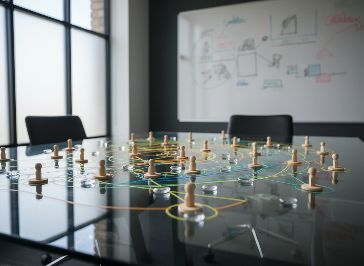 A sleek glass desk in a modern corporate meeting room holds a detailed, hand-drawn style psychosocial support map rendered as colorful lines and interconnected nodes, but without any text. The nodes are represented by small wooden tokens and smooth glass pebbles arranged thoughtfully, symbolizing networks of support within an organization. In the background, a clean whiteboard with abstract, blurred marker shapes hints at strategy and planning. Soft, diffused daylight from a large frosted window illuminates the scene, with gentle shadows beneath each token. Photographic realism, shot from a slightly elevated angle using the rule of thirds, creates a focused yet open atmosphere that suggests methodical social engineering and organizational development.