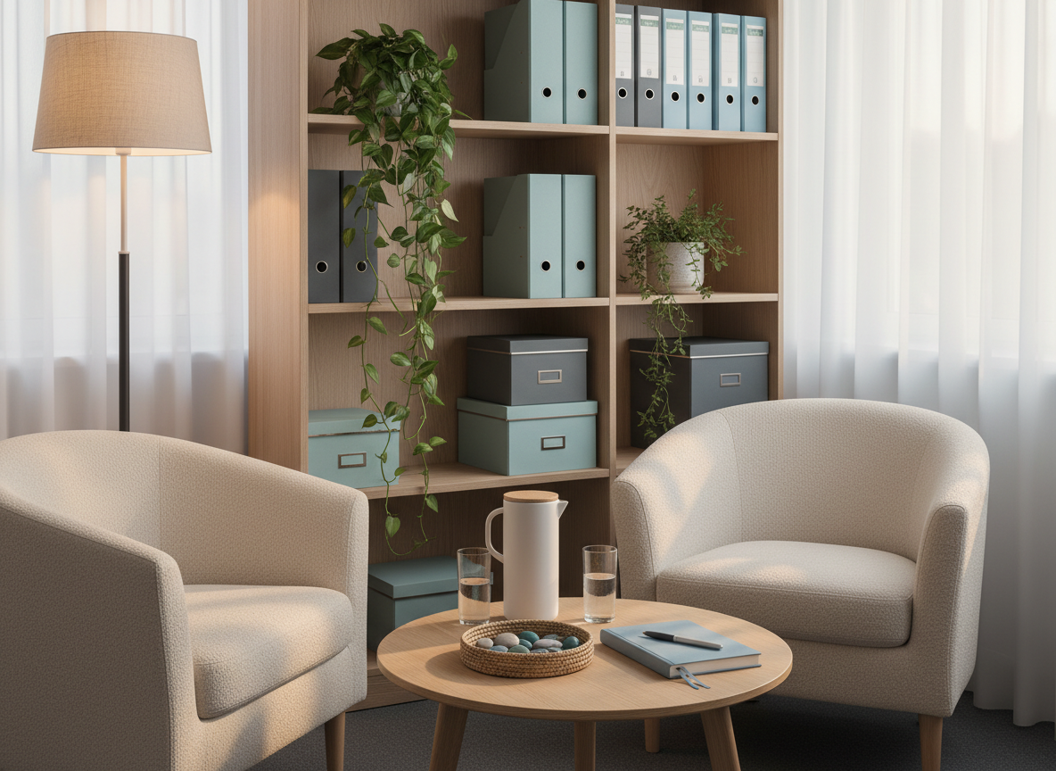 An inviting corner of a workplace dedicated to wellbeing, featuring two plush, neutral-colored armchairs angled toward a low oak table. On the table rest a ceramic carafe of water, two minimalist glasses, a small woven basket of smooth worry stones, and a fabric-covered notebook with a pen, all meticulously arranged. Behind, a tall bookshelf holds binders and storage boxes in soft blues and grays, interspersed with leafy green plants that cascade gently. Warm, indirect lamp light combines with soft evening daylight filtering through sheer curtains, creating a gentle glow and calm shadows. Photographic realism, eye-level, with a balanced composition, evokes a confidential, respectful space for social and psychosocial support within an organization, without showing any people.