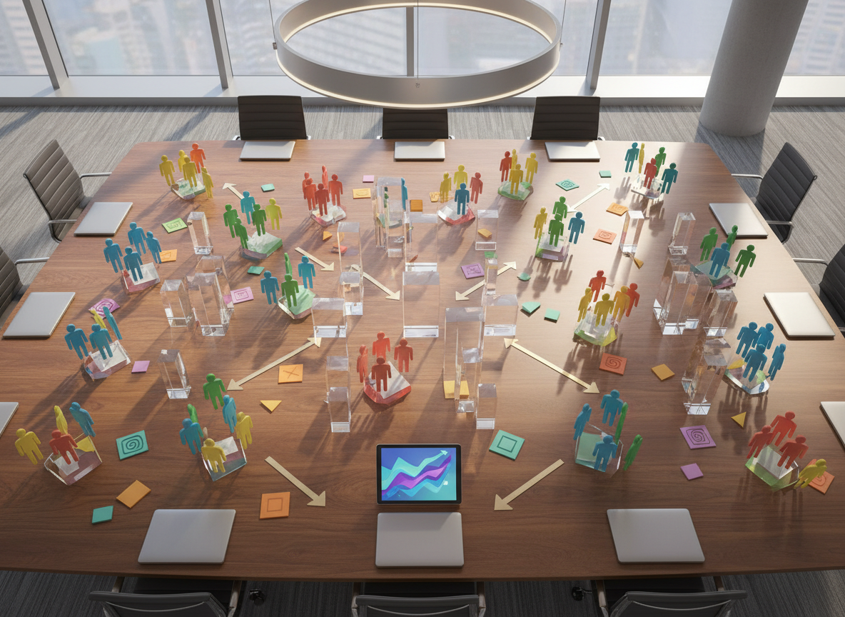 A bird’s-eye view of a large wooden conference table in a corporate setting, covered with visual symbols of organizational development: color-coded, anonymous employee silhouettes printed as abstract icons on thick paper, arrows made of slender metal, transparent acrylic blocks forming support pathways, and sticky notes with only geometric shapes instead of words. Laptops are closed, and a single digital tablet displays a colorful, text-free dashboard of rising curves and interlocking shapes. Soft overhead lighting and daylight from side windows blend to create even illumination and delicate shadows around each element. Photographic realism with sharp focus throughout, the composition radiates out from the center, conveying structured collaboration, strategic social engineering, and respectful accompaniment of employees.